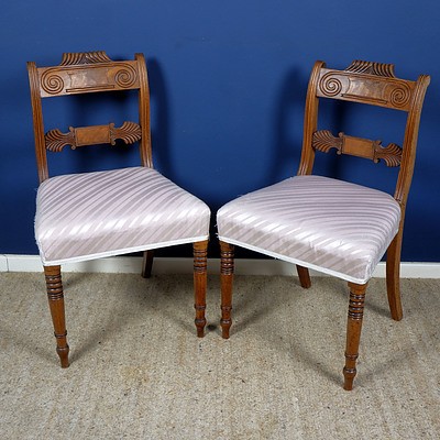 Pair Regency Carved Mahogany Dining Chairs with Scroll Form Back, Early 19th Century