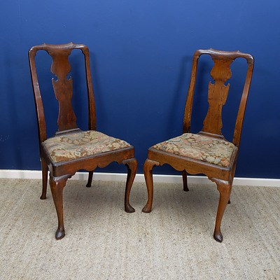 Pair George II Walnut Dining Chairs with Petit Point Upholstery and Urn Shaped Splats, Early to Mid 18th Century