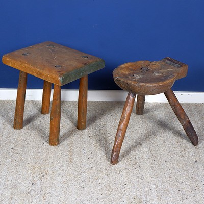 Antique Rustic Milking Stool and Another Antique Stool
