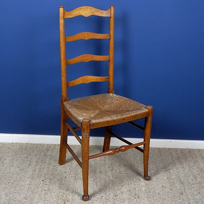 Antique English Beech Ladder Back Chair with Rush Seat