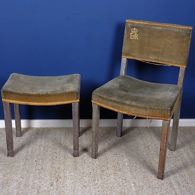 Coronation of Queen Elizabeth II Limed Oak and Green Velvet Chair, W. Hands & Sons 1953 , Number 50, with Matching Castle Bros 1953 Coronation Stool