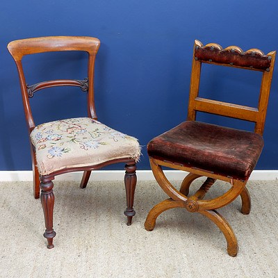 Victorian Mahogany Dining Chair with Long Stitch Upholstery and Late Victorian Gothic Revival Oak Side Chair In the Manner of AWN Pugin