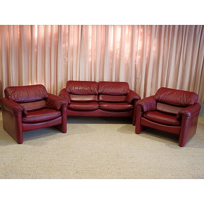 Vintage Vertex Continental Furniture Burgundy Leather Three Piece Lounge Suite