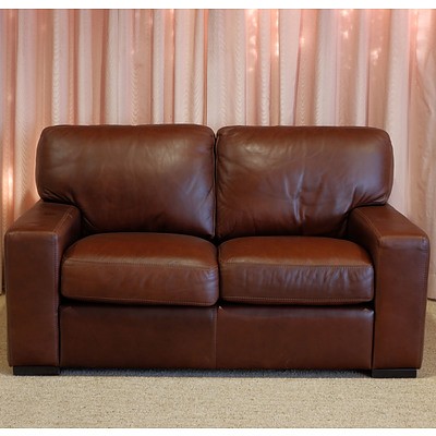 Pair Tan Leather Two Seater Lounges