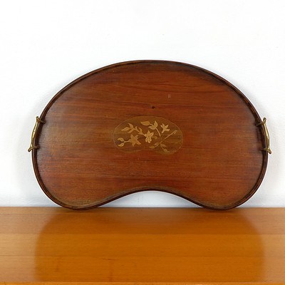 Georgian Mahogany Kidney Shaped Butlers Tray with Parquetry Inlaid Floral Cartouche