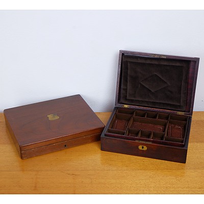 Antique Mahogany Cutlery Canteen with Brass Shield Medallion and An Antique Jewellery Box with Felt Lined Compartments
