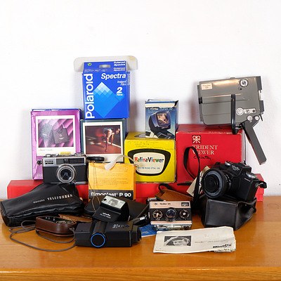 Collection of Photography Accessories and Cameras Including Minolta 110 Zoom SLR MK II, Rollie 35, Fujica Half, Minolta Minolita 8 and More