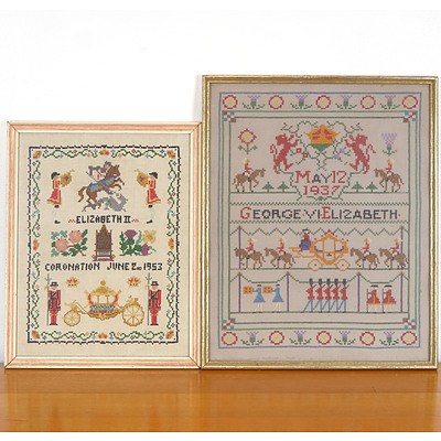 Two English Framed Long Stitch Works, Elizabeth II Coronation 1953 and George VI and Elizabeth 1937