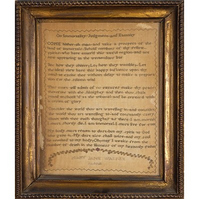 Antique Silk Sampler, On Immorality, Judgment and Eternity, Signed Mary Jane Walker, Richhill, Circa 1800