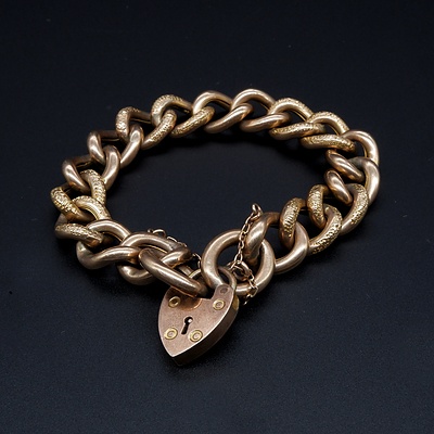 Antique 9ct Fancy and Curb Link Bracelet with Heart Lock, 30g