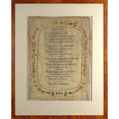 Antique Hand Embroidered Sampler of Psalm 121, By Mary Welsh Killileagh