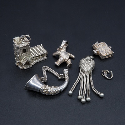 Collection of Sterling Silver Pendants, Antique Tassel, Antique Horn Pendant, 20g