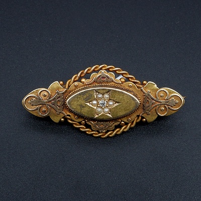 Antique 15ct Yellow Gold Diamond and Pearl Brooch, 5g