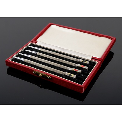 Four Sterling Silver Bridge Pencils in Tooled Leather Case, 23g