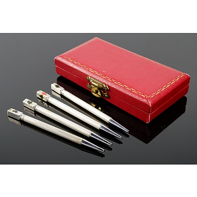 Four Sterling Silver Bridge Pencils in Tooled Leather Case, 23g