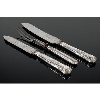 Sterling Silver Handled Kings Pattern Carving Knife, Carving Fork and Bread Knife, Sheffield 1984, 1909 and 1986