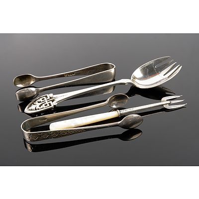 Collection of Antique Sterling Silver; Including Pickle Fork, Another Pickle Fork Sheffield 1847, Sugar Tongs 1901, Bright Cut Sugar Tongs London 1889, 68g