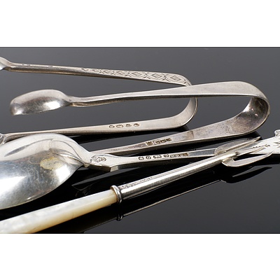 Collection of Antique Sterling Silver; Including Pickle Fork, Another Pickle Fork Sheffield 1847, Sugar Tongs 1901, Bright Cut Sugar Tongs London 1889, 68g