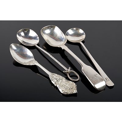 Three Antique Sterling Silver Jam Spoons and a Sterling Silver Birth of Prince William Souvenir Spoon, London, 1982, 93g