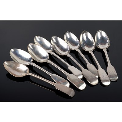 Harlequin Set of Eight Georgian and Victorian Sterling Silver Fiddle Pattern Table Spoons, London, Edinburgh, Exeter Hallmarks, 551g