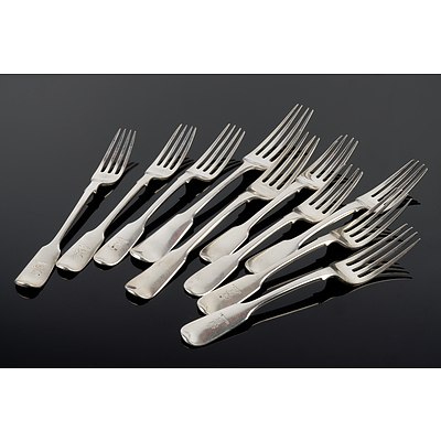 Harlequin Set of Eight Georgian and Victorian Sterling Silver Fiddle Pattern Entree Forks, London, 507g