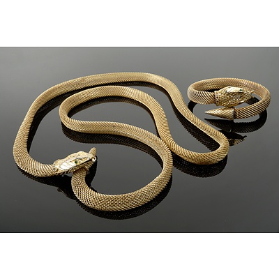Vintage Gold Plated Snake Necklace with Matching Bracelet