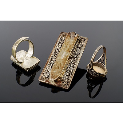 .800 Silver Cameo Ring, Chinese Filigree and Bone Pendant with Painted Sage, Chinese Export Silver and Bone Adjustable Ring