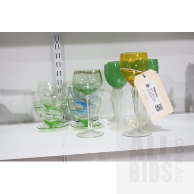 Assorted Vintage Coloured Glass Long Stemmed Goblets and Dessert Bowls including Vaseline Glass
