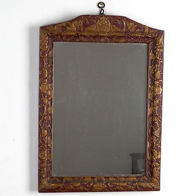 Antique Chinese Red Lacquer and Gilt Mirror with Bats Amongst Fruiting Vines