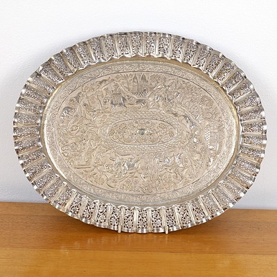 Large Indian Heavily Repousse and Pierced .800 Silver Tray, 769g