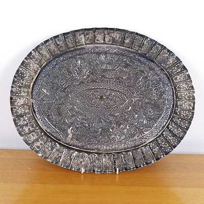 Large Indian Heavily Repousse and Pierced .800 Silver Tray, 769g