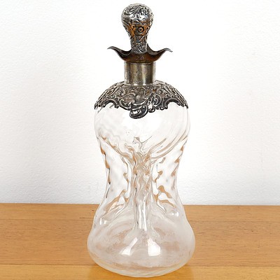 Antique Hand Blown Decanter with Repousse Sterling Silver Cherub and Scroll Mount, Chester 1901
