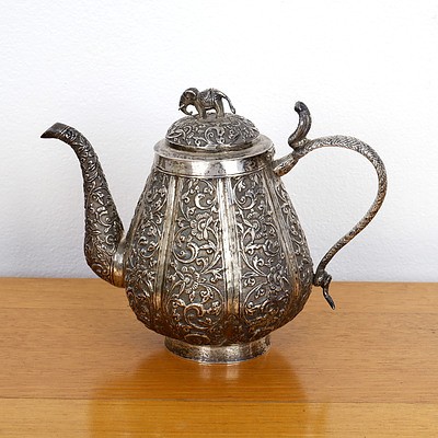 Indian .800 Silver Heavily Repousse Coffee Pot With Elephant and Cobra Finial, 530g