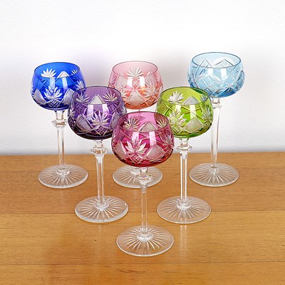 Six Bohemian Harlequin Coloured Cut Crystal Wine Glasses