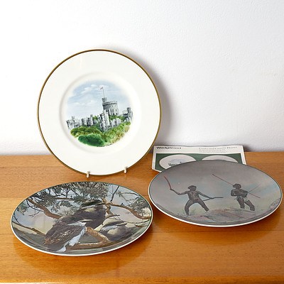 Two Royal Doulton Cabinet Plates, Aborigines with Hunting Weapons and Young Kookaburras with a Wedgwood Limited Edition Windsor Castle Cabinet Plate 