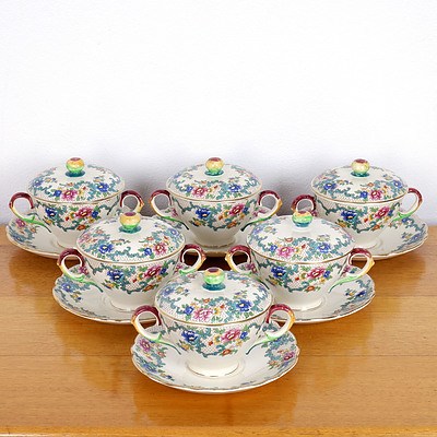 Six Victorian Royal Cauldon Victoria Pattern Soup Bowls with Lids