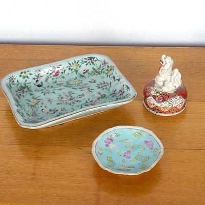 Antique Chinese Glazed Dish for the English Market, Chinese Famille Rose Lobed Dish and a Japanese Satsuma Urn Lid