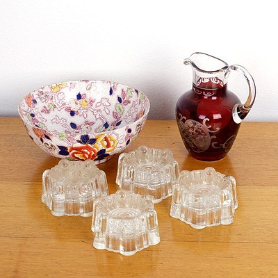 Antique Cut Glass and Ruby Flashed Pitcher, Leighton Pottery Chinese Rose Pattern Bowl and Four Victorian Moulded Glass Castors