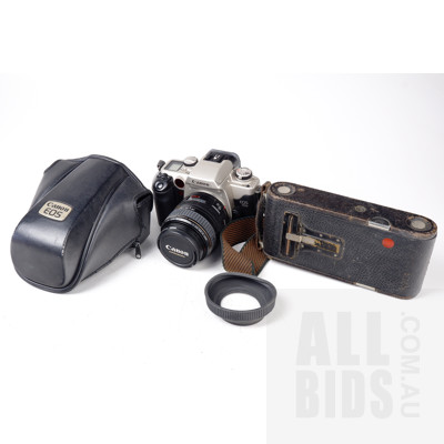 Canon EOS 50E Camera with case and 28-105mm Lens and Vintage Kodak Box Camera