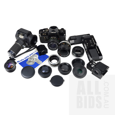 Canon F1 Film Camera, Minolta Autospot 1 with Manual, Assorted Lenses and Accessories