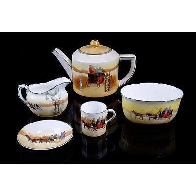 Vintage Royal Doulton Coaching Days Teapot, Sugar Bowl, Creamer and Demitasse Cup and Saucer