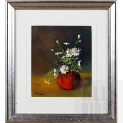 Beverley McMartin, Daisies in Red Vase, Oil on Card, 23 x 19 cm