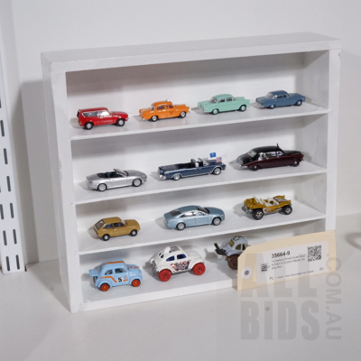 14 Various Small Scale Model Cars in Custom Made Display Box