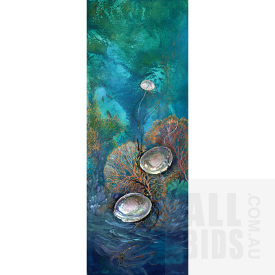 Tanya Nelipa (born 1956), Sea Fans 2014, Oil, Shell, Thread & Glass Beads on Canvas, 80 x 30 cm