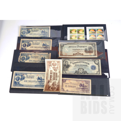 Collection of Eight Japanese Invasion Banknotes and Papua New Guinea Stamps