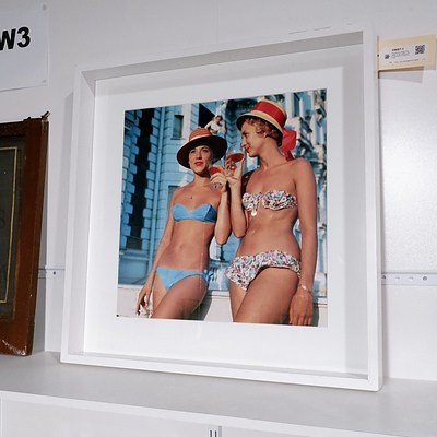 Reproduction Artistic Photograph of Two Ladies in Retro Swimwear in Large Box Frame
