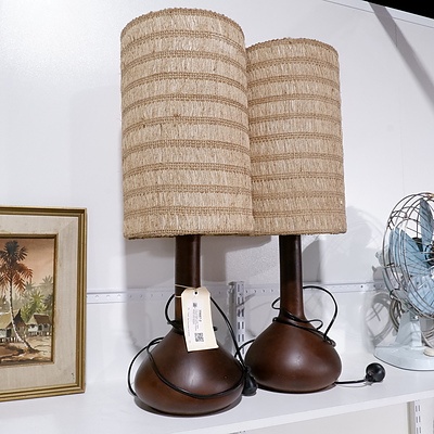 Pair of Retro Style Table Lamps with Glazed Pottery Bases and Shades