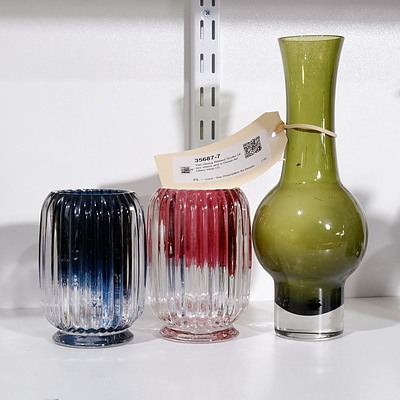 Two Heavy Ribbed Studio Glass Vases and a Green Art Glass Vase (3)