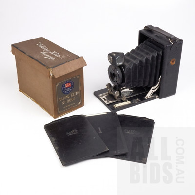 Antique Ensign Folding Klito No.000A Quarter Plate Box Camera with Three Film Slides in Original Box