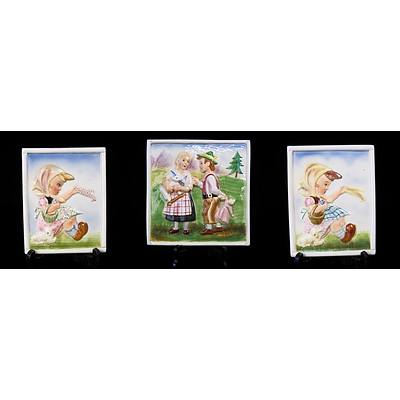 Set of Three Hand Crafted and Decorated Porcelain Wall Tiles Depicting Children